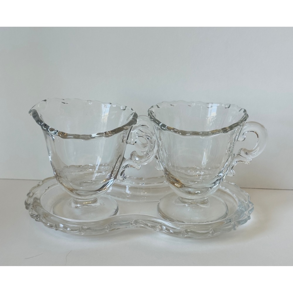 Vintage Clear Pressed Glass Creamer and Sugar Set with Scalloped Tray 3 Piece